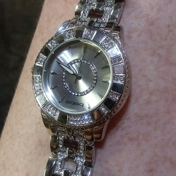 Bebe Rhinestone & Stainless Steel Sparkly Watch For Small Wrist W/Extra Links - Picture 11 of 14